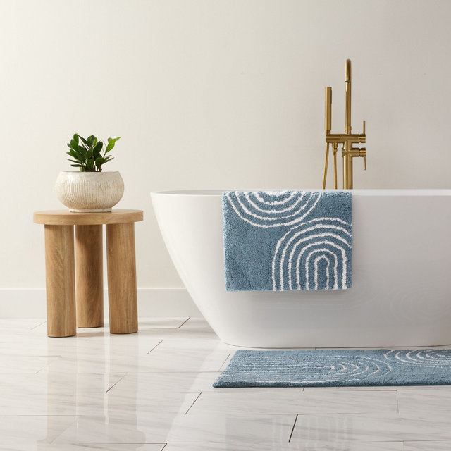 Floral and Geo Patterns Cotton Bath Mat, Tufted Bath Rug, Absorbent Non Slip Bathroom Rug, Washable - Becky Cameron, Rainbow Light Blue, 34" x 21"