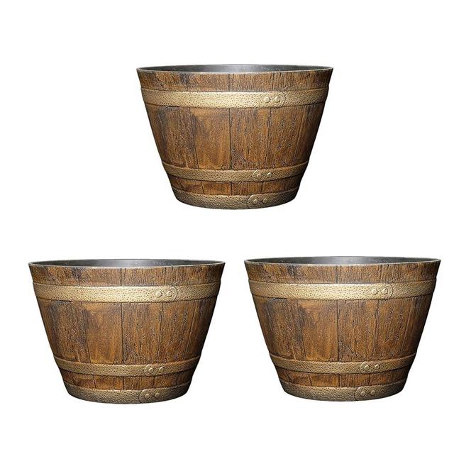 Classic Home and Garden Outdoor Whiskey Resin Flower Pot Barrel Planter, Oak Brown, 15" (Pack of 3)