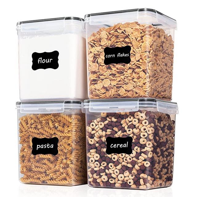Vtopmart 4 Pieces Food Storage Containers 4.3L / 145.4oz, BPA Free Plastic Airtight Food Storage Containers for Flour, Sugar, Baking Supplies, with 4 Measuring Spoons and 24 Labels, Black
