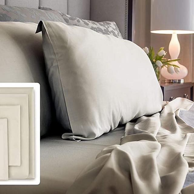LUXOME 100% Bamboo Sheet Set | King Size | 400tc Luxury Bamboo | Beige | 4-Piece Set (Fitted, Flat, 2 Pillowcases)