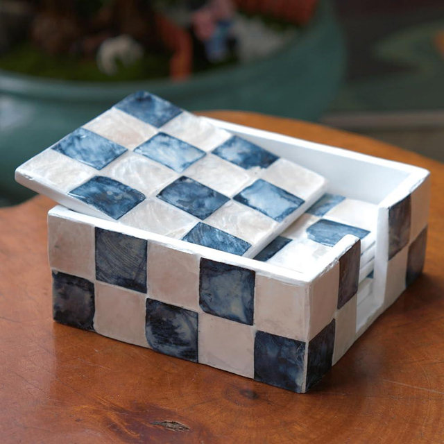 CHI AN HOME 4" Square Decorative Coasters Set of 6 with Holder, Checkered Natural Capiz Shell Drink Coasters for Coffee Table, Desk or Bar, Elegant Modern Coasters for Home Décor (Navy Blue)