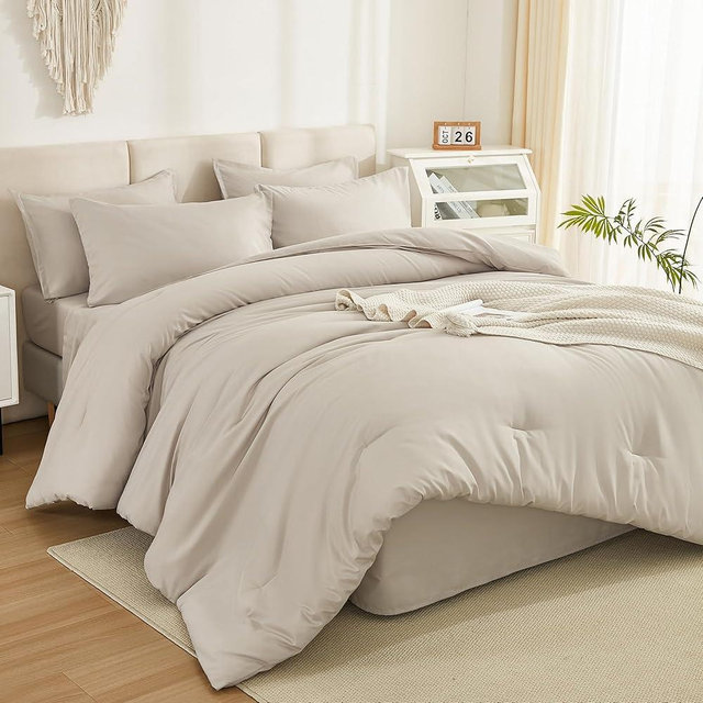 Litanika Comforter King Size Set Tannish Grey - 7 Pieces Bed in a Bag King Beddding Comforter Sets, Plain Lightweight Bed Set with Comforter, Sheets, Pillowcases & Shams