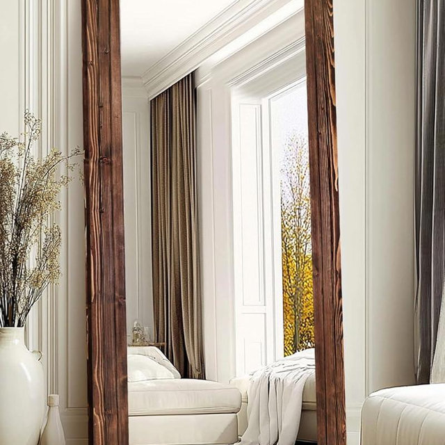 ABSWHLM Full Length Mirror 76"x34" Solid Wood Frame Floor Large Mirror for Living Room, Bedroom Hanging or Leaning Wall-Mounted, Brown