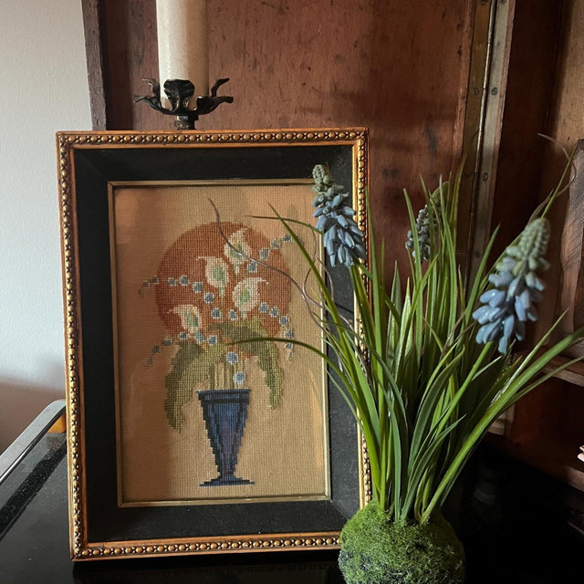 Vintage Needlepoint Picture of Calla Lilies with Blue Flowers in Vase with Sun in a Gold Decorative Frame, Glass Cover, Wall Gallery Picture