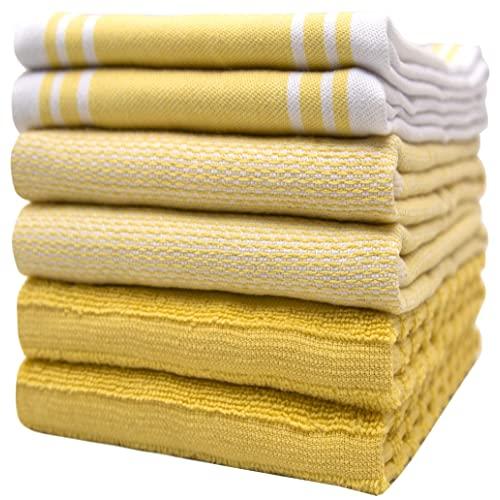 Premium Kitchen Towels (20”x 28”, 6 Pack) – Large Cotton Kitchen Hand Towels – Vintage Striped Flat & Terry Towel – Highly Absorbent Tea Towels Set with Hanging Loop – Yellow