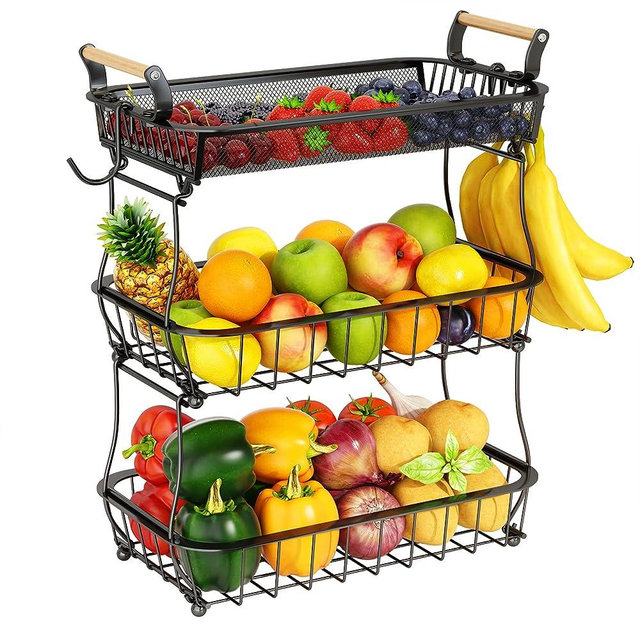 3 Tier Fruit Basket Bowl with 2 Banana Hangers for Kitchen Counter, Vegetable Countertop Produce Storage Holder, Large Capacity Metal Wire Fruits Stand Organizer for Onion Potato Bread Snack, Black
