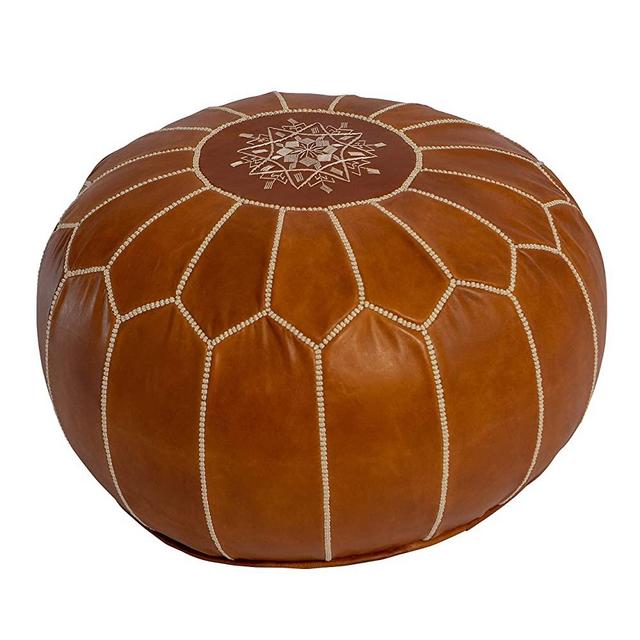 Marrakesh Gallery Moroccan Pouf Cover - Round & Large Ottoman Leather Cover Pouf - Bohemian Living Room Decor - Hassock & Ottoman Footstool - Unstuffed ( Dark Tan)