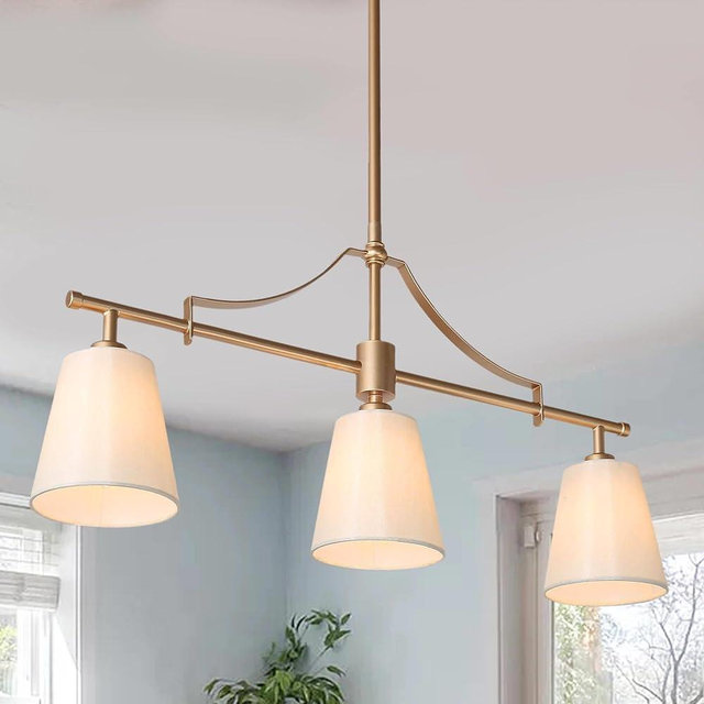 GEPOW Gold Chandeliers for Dining Room, Modern 3 Light Linear Island Light Fixtures with Fabric Shades for Kitchen, Bedroom, Living Room