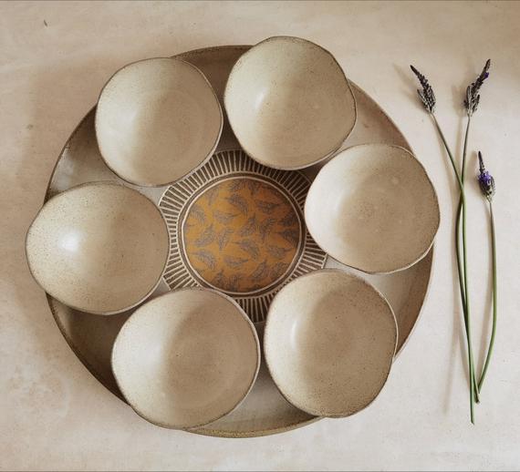Large Round Passover Plates with 6 Small Bowls | Beige glazed with feathers yellow prints.