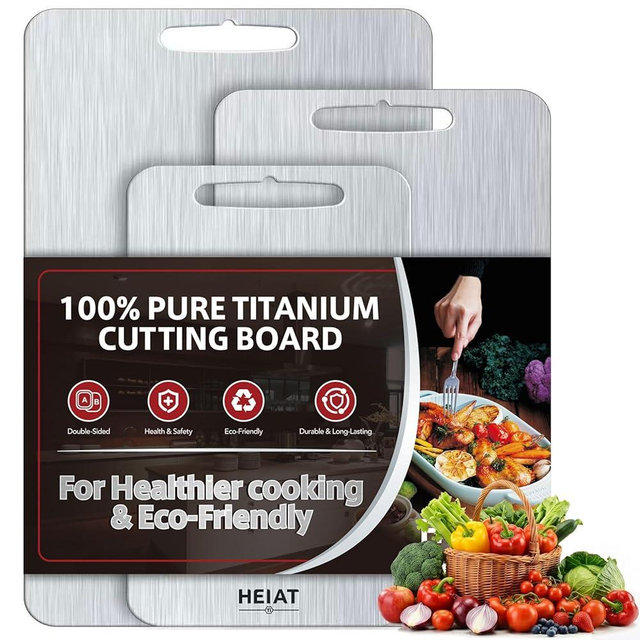 Titanium Cutting Board Set of 3, 100% Pure Titanium Cutting Boards for Kitchen, Non-Toxic, Double-Sided Chopping Boards for Raw & Cooked Food, Handles Included, Dishwasher Safe(M+L+XL)