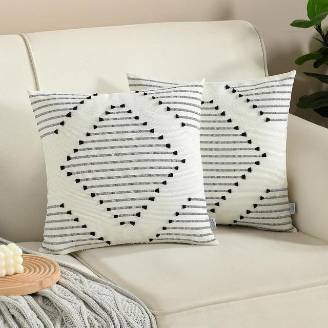 Boho Throw Pillow Covers 18x18 Inch Farmhouse Decorative Accent Woven Pillow Covers for Couch Bed Sofa Black and White Pillow case Home Decor, Black and Cream White