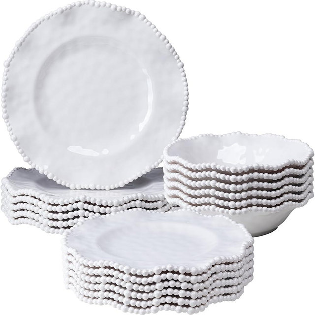 ZAROCRUS Creamy Beaded Melamine Dinnerware Sets, Set of 6,18 piece Farmhouse Plates and Bowls Set, Lightweight, BPA-Free Scalloped Rim Dishes Dinner Serving Set for Indoor & Outdoor Use, off-white