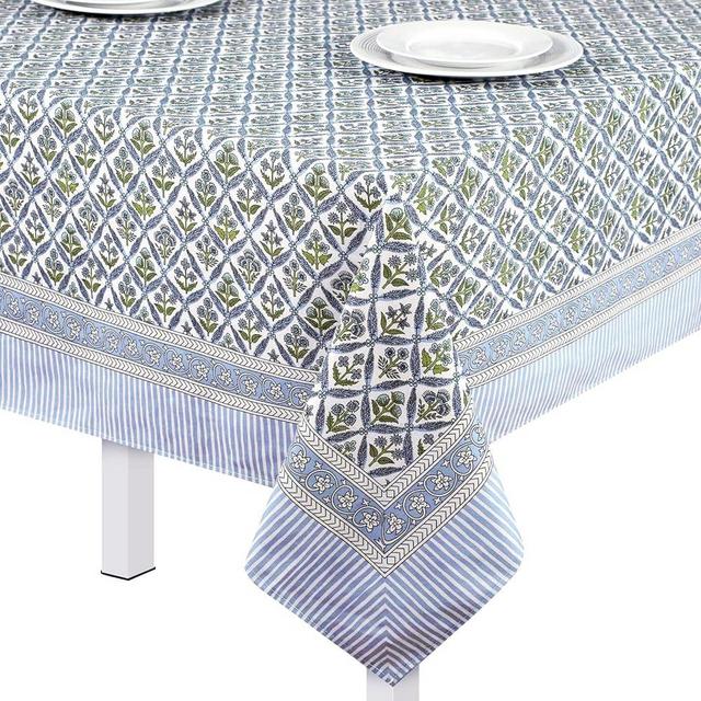 Newtay 60'' x 90'' Cotton Tablecloth Handmade Cotton Floral Tablecloth Washable Print Rectangle Table Cover with Dust Proof Wrinkle Resistant for Kitchen Dining Party Buffet(Blue,Light Steel)