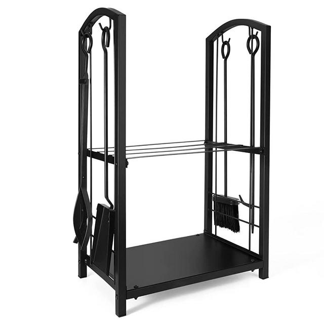 Acko Fireplace Rack Indoor with 4pcs Fireplace Tools Set Black Fireplace Log Rack Fire Pits Tools for Outdoor Log Holder Wood Stove Accessories Wrought Iron Logs Bin Holder