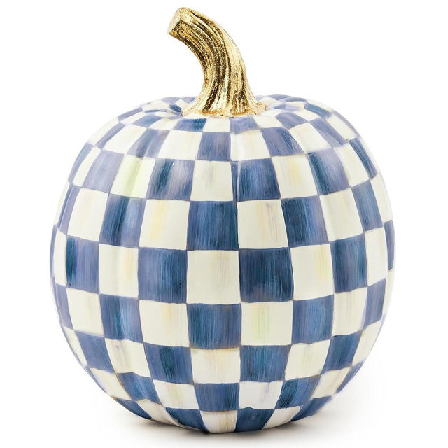 MACKENZIE-CHILDS Small Pumpkin, Resin Halloween Home Decor, Blue-and-White Royal Check