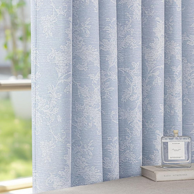 FMFUNCTEX Blue Floral Jacquard Blackout Curtains 96 Inches Long for Bedroom, Scroll Flower Chenille Farmhouse Curtains for Living Room Darkening Thermal Insulated Grommet Window Drapes 2 Panels