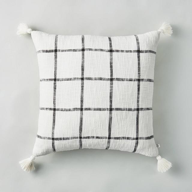 24" x 24" Woven Slub Checkered Throw Pillow with Tassels Gray/Sour Cream - Hearth & Hand™ with Magnolia