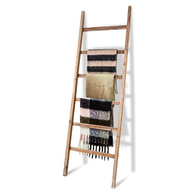 RANXFLOAT 6-Tier Blanket Ladder Wooden, Blanket Quilt Towel Holder Rack Decorative Ladder, Rustic Farmhouse Ladder Shelf for The Living Room Bedroom Home Decor Carbonized Wood 24 Inch