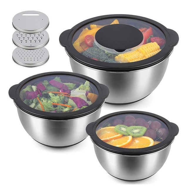 YUNYDSM Mixing Bowls with Lids Set of 3, Stainless Steel Nesting Mixing Bowls, 3 Grater Attachments & Non-Slip Bottoms, Nesting Salad Bowls for Serving, Preparing, Baking, Size 4.6, 2.5, 1QT