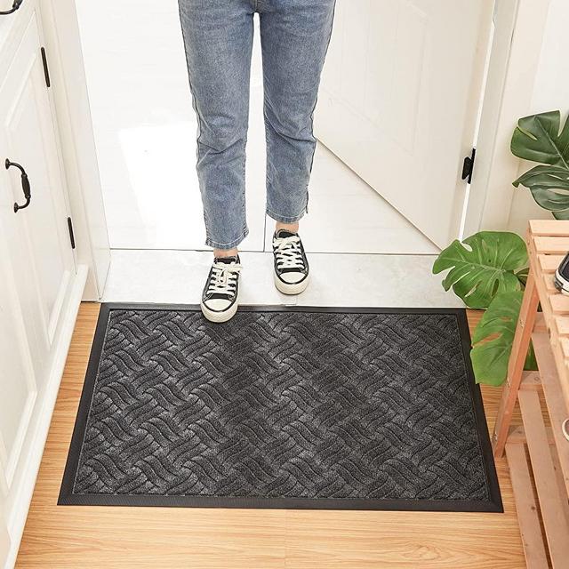 COSY HOMEER Door Mat Front Indoor Outdoor Doormat,Small Heavy Duty Rubber Outside Floor Rug for Entryway Patio Waterproof Entrance Rug,17"x29",Grey,Wave