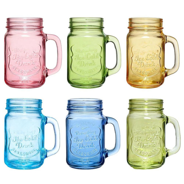 PYVYLO Mason Jar Drinking Glasses with Handle,6 Pack Colored Mason Jars Cups with Handle,16 oz Glass Mugs for Iced Coffee,Cold Beverages