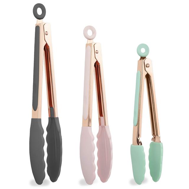 Cook With Color Stainless Steel Locking Food Tongs for Cooking and Grilling, Premium Silicone Tipped Tongs for Non Stick Cookware, 6”, 9” and 12” Set of Three, Rose Gold and Mint Pink and Grey