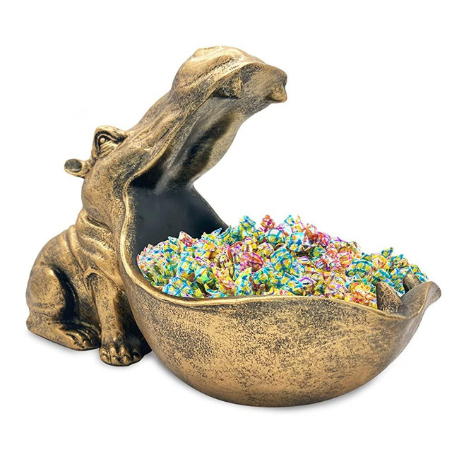 Hippo Statue Home Resin Hippopotamus Figurine Sculpture Table Art Decoration Sundries Key Container Storage Box (Gold)