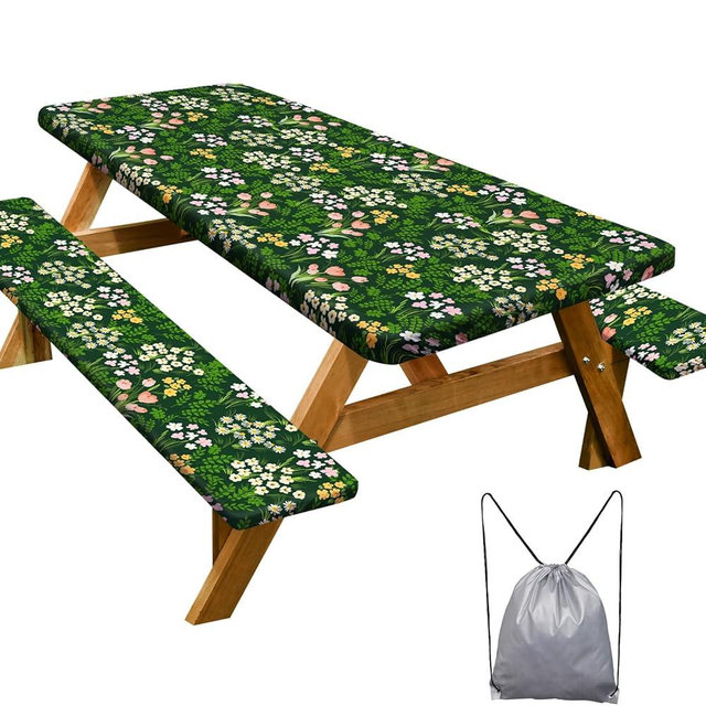 Picnic Table Cover with Bench Covers Camping Essentials Waterproof Windproof Camping Tablecloth with Drawstring Bag, Fitted Rectangle Tables and Seats, 72in, Green Pink