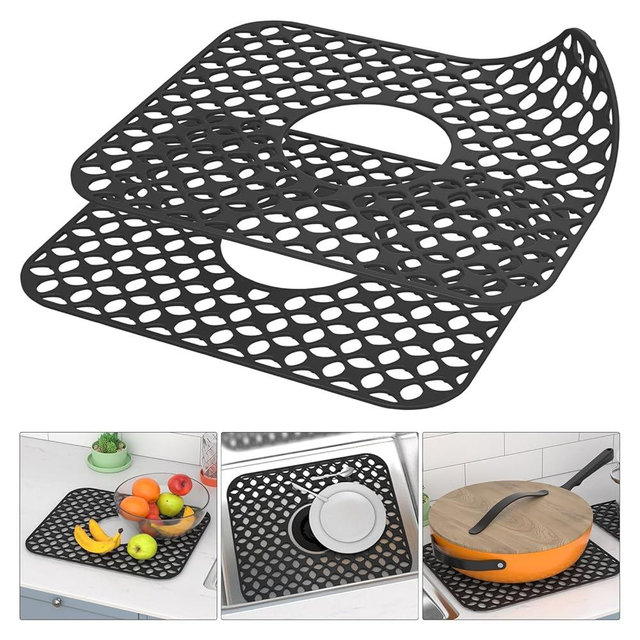 TOOVEM Kitchen Sink Mats, 2PCS Non-Slip Heat Resistant Silicone Sink Protector Mat, Folding Farmhouse Rear Drain Sink Mats (Type2: Center Drain, Black)