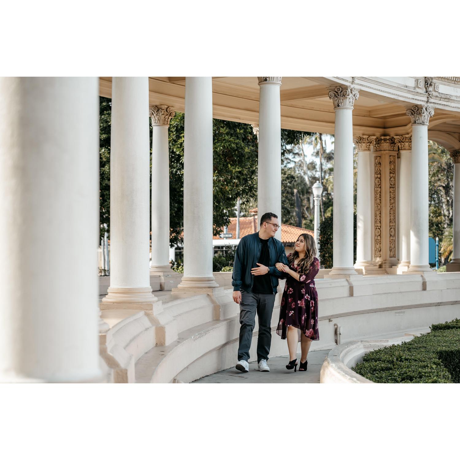 Engagement photo taken at Balboa Park in San Diego.
