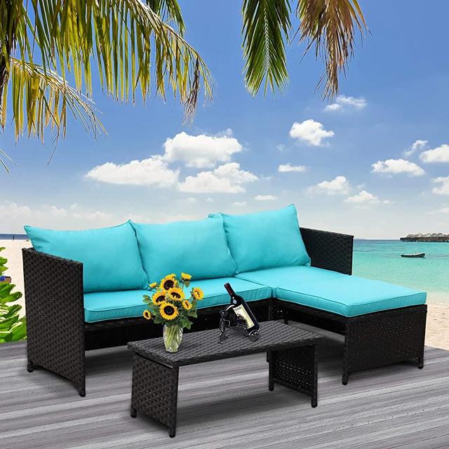 Valita 3-Piece Outdoor PE Rattan Furniture Set Patio Wicker Conversation Loveseat Sofa Sectional Couch Turquoise Cushion