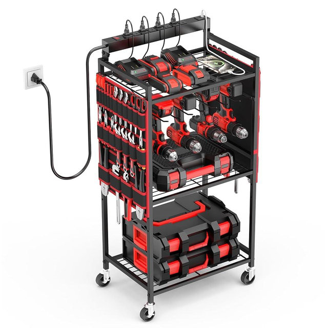 JUNNUJ Garage Large Power Tool Organizer Cart with 8 Outlet 3 USB Charging Station, Floor Rolling Drill and Tools Battery Storage Cart on Wheels, Heavy Duty Utility Rack Shelf with Power Strip
