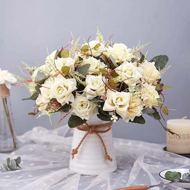 Artificial Flowers with Vase, Silk Fake Rose Bouquets Arrangement for Home Office Party Centerpiece Table Decoration (Champagne)
