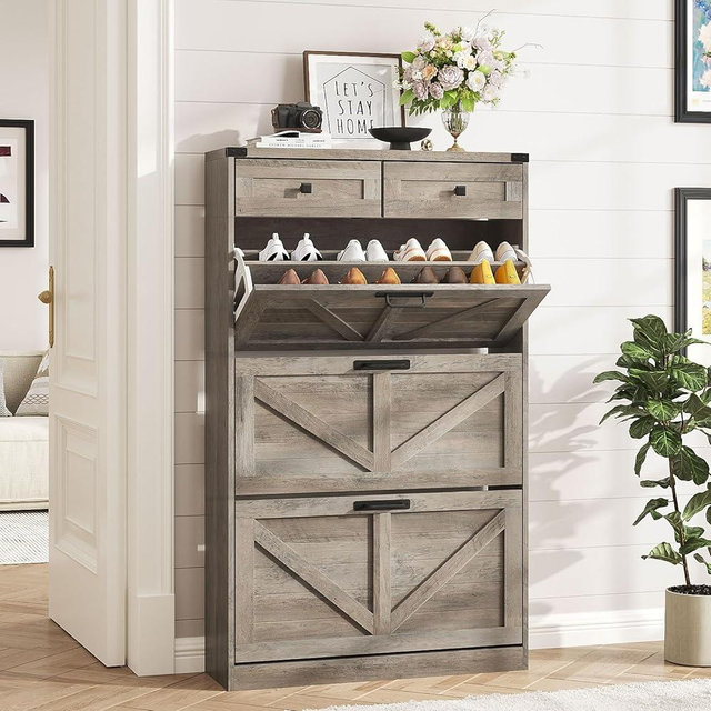 Halitaa Shoe Cabinet with 3 Flip Drawers & 2 Drawers,Freestanding Shoe Storage,Farmhouse Narrow Shoe Organizer Cabinet for entryway,Foyer,Hallway,Grey