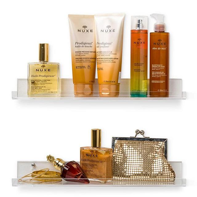 'Invisible' Bathroom Shelf Wall Mounted [2 Pack] 15 inch Clear Acrylic Shelves by Pretty Display. Extra Strong & Easy to Wall Mount