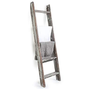 MyGift 4.5-Foot Wall-Leaning Ladder-Style Torched Wood Blanket Rack