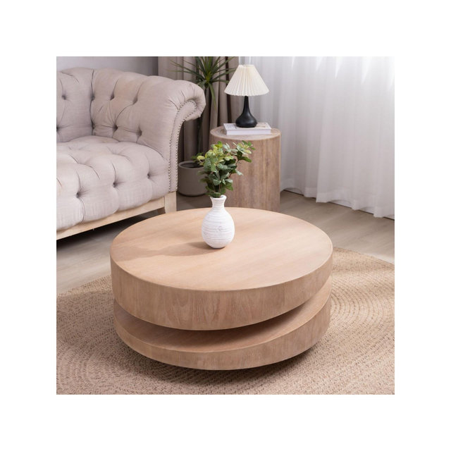 Round Wood Coffee Table with Two-Tier Design,Antique Natural Wood Coffee Table for Living Room,31" Modern Coffee Table for Small Spaces-Koiai
