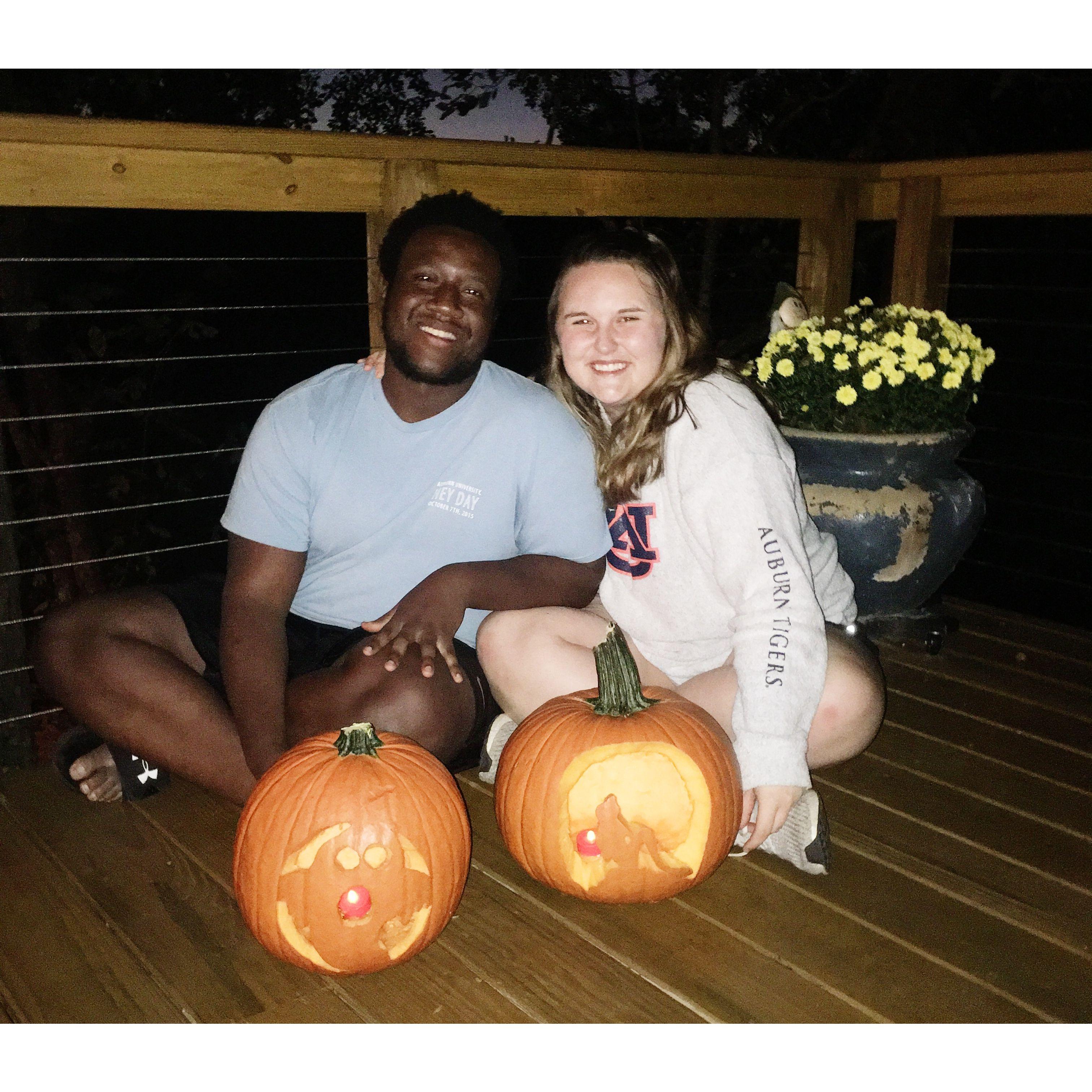 Caleb's first time carving pumpkins for Halloween in 2018.