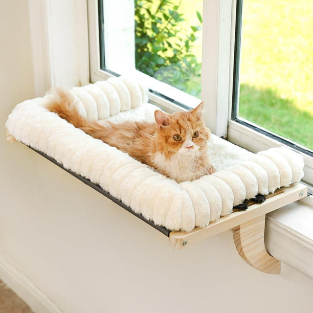 valigogo Cloud-Soft Cat Window Sill Perch with Zipper Designed Cushioned Bed, Supportive Cat Window Seat with Premium Solid Wood & Sturdy Metal Frame, Pet Hammock Bed for Large Cats (X-Large, White)