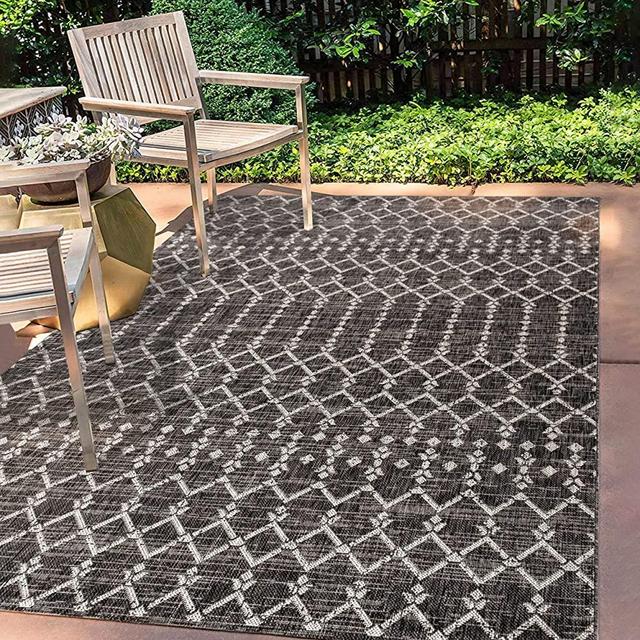 JONATHAN Y Ourika Moroccan Geometric Textured Weave Indoor/Outdoor Black/Gray 8 ft. x 10 ft. Area Rug, Bohemian,EasyCleaning,HighTraffic,LivingRoom,Backyard, Non Shedding