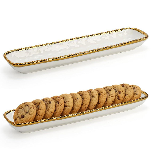 SOUJOY 2 Pack Porcelain Cracker Tray with Gold Pearl Edge, 14 Inch Rectangular Charcuterie Serving Platters, Dishwasher Safe Ceramic Cookie Plates for Cheese Ham Fruit, Perfect for Display Foods