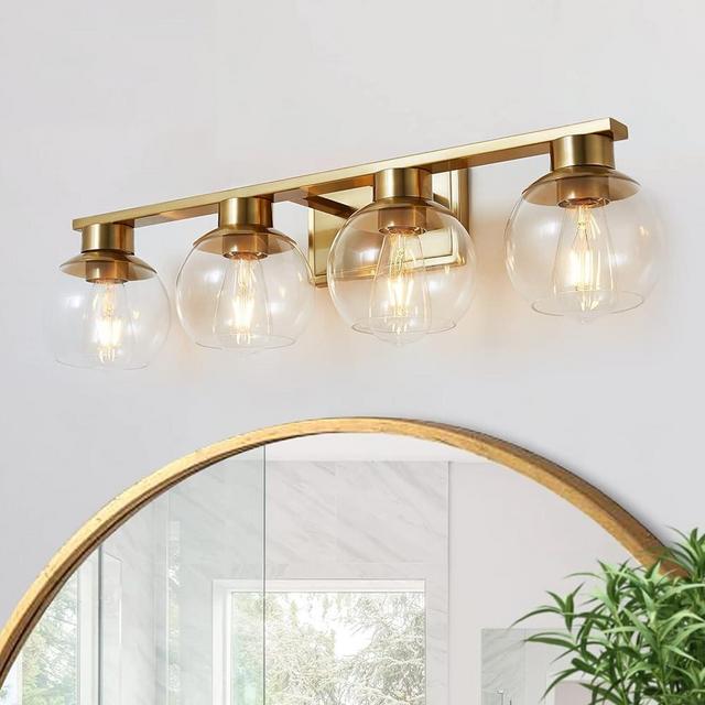 PAZALA Brushed Gold 4 Light Bathroom Vanity Light, 30 inch Bathroom Light Fixtures Over Mirror, Globe Glass Shade, 1698-4-JS
