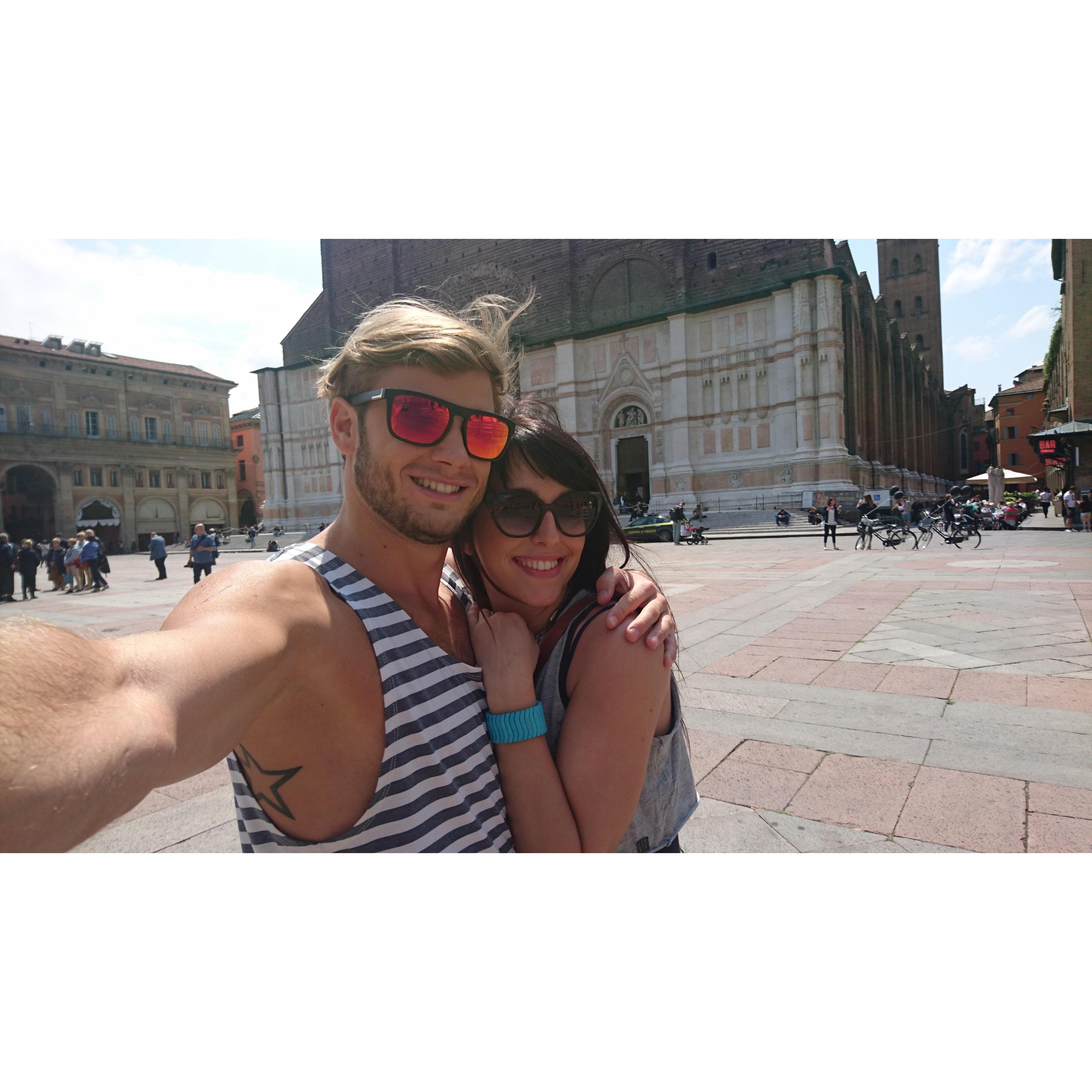 Our first trip ever (and our first trip to Italia), with San Petronio on the background (Bologna)