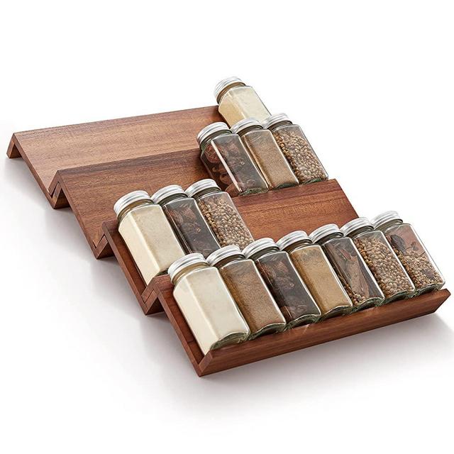 Tinamo Acacia Spice Rack Organizer for Drawer - Wooden Tray Spice Racks Organizer for Cabinet Storage Shelf - 4 Tier Spice Rack Organizer for Drawer (Acacia Wood pack 4)