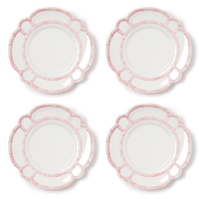 Two's Company Pink Bamboo Touch Melamine Dinner Plates, Bamboo Rim, Shatter-Resistant, Elegant Pink Plates, Reusable & Dishwasher Safe, Unbreakable Outdoor Dinnerware - Set of 4