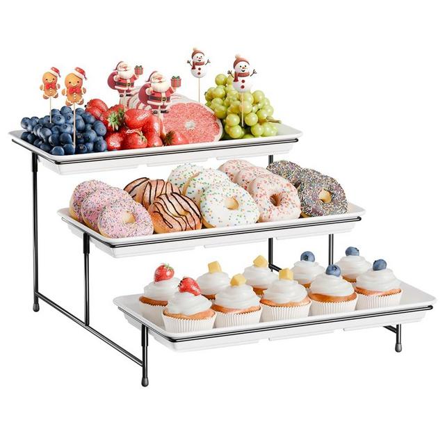 3-Tier Melamine Serving Tray Set, 14"x7" Platters for Serving Food, White Reusable Trays with Black Metal Display Stand for Cupcakes, Sevring Food, Dessert, Fruit, Cookie, Black