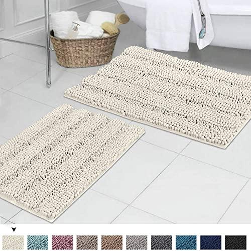Cream Chenille Plush Bathroom Rugs, Ultra Thick Striped Microfiber Floor Mats for Living Room, Soft Hand Tufted Bath Rugs with Non-Slip Backing (2 Pack, 20"x32" & 17"x24")