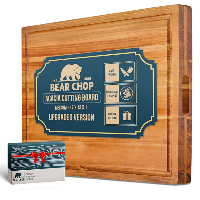 Bearchop Acacia Wood Cutting Board for Kitchen, Butcher Block with 2-Side Reinforced Bar for Crack/Warp Resistance, [17"x13"x1"] Medium Wooden Cutting Boards with Juice Groove, Handle and Gift Box