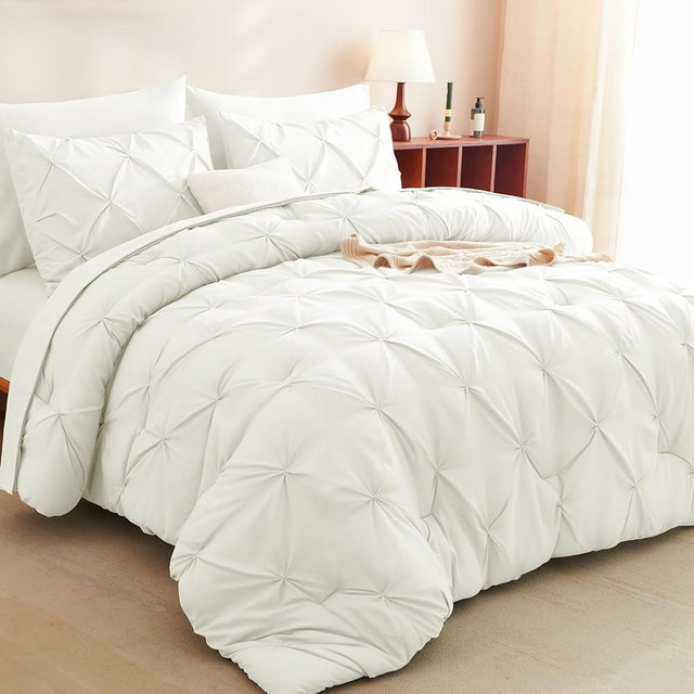 CozyLux Full Size Comforter Sets Ivory, 7 Pieces Pintuck Bed in A Bag Ivory Comforter Full Size, Pinch Pleat Bedding Sets with All Season Comforter, Sheets, Pillowcases & Shams
