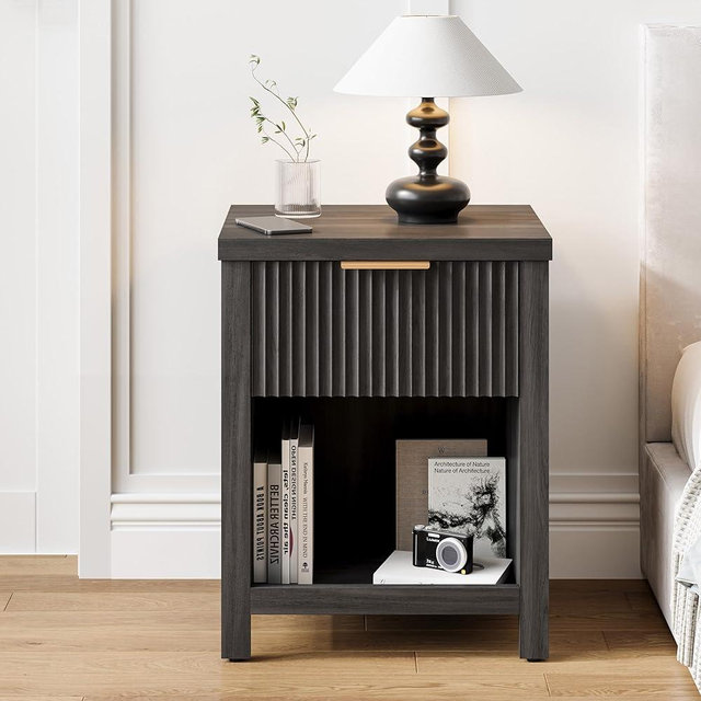 Fluted Nightstands Set of 2, Brooklyn Night Stand with Drawers, Modern Beside Table with Storage, Small End Table for Bedroom Living Room Small Space (2, Grey) BNS101BG-2